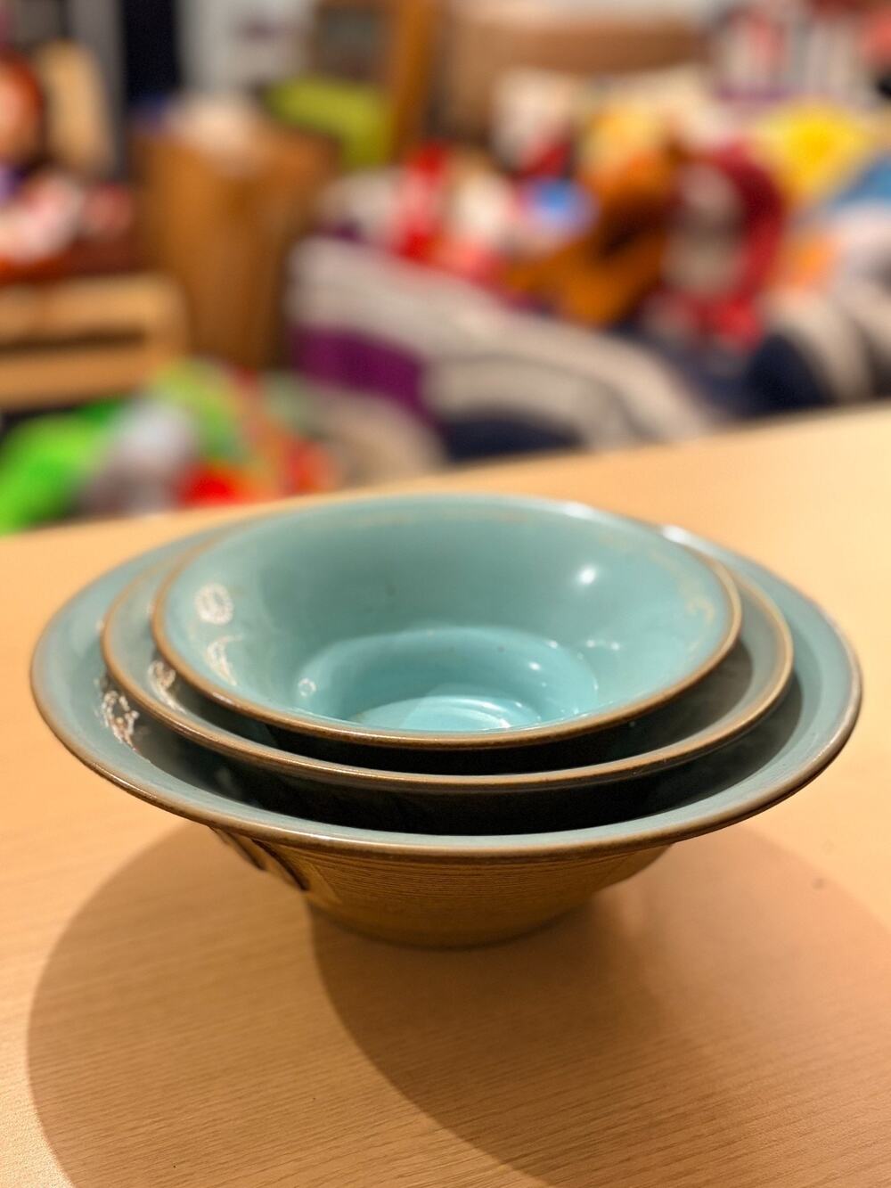 Japanese Studio Pottery Bowl Set Signed Teal Blue Glaze 3 Piece Vintage